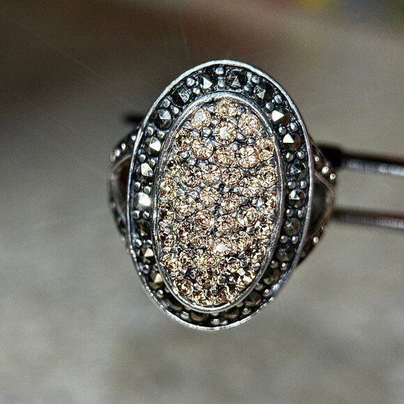Champagne Stones/Black Marcasites Silver 925 Ring - Picture 3 of 10